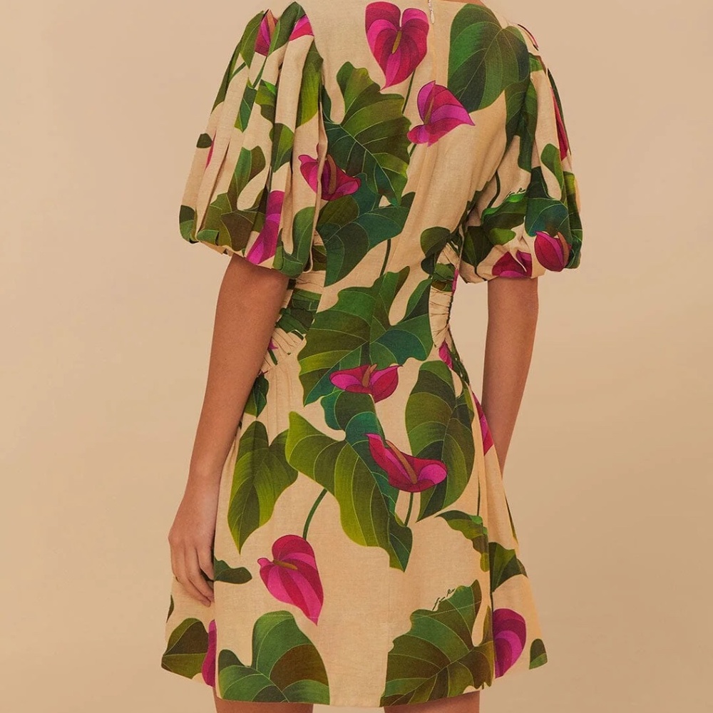 FARM Rio Sand Anthurium Leaves LENZING™ ECOVERO™ Euroflax™ Mini Dress NEW!!! - Picture 4 of 5